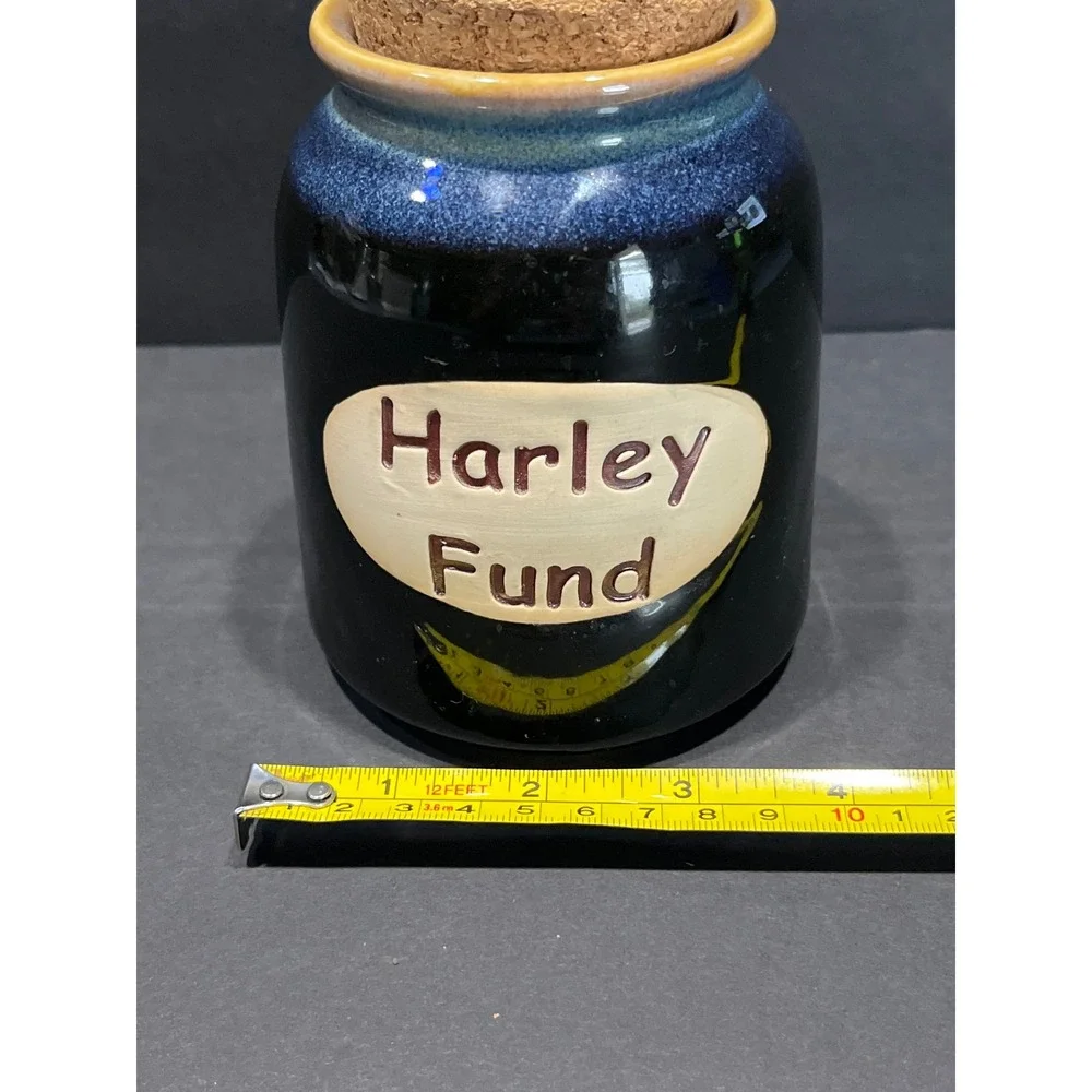 LTD Commodities Harley Fund Ceramic Money Jar Blue Drip Glaze Cork Top Stoneware